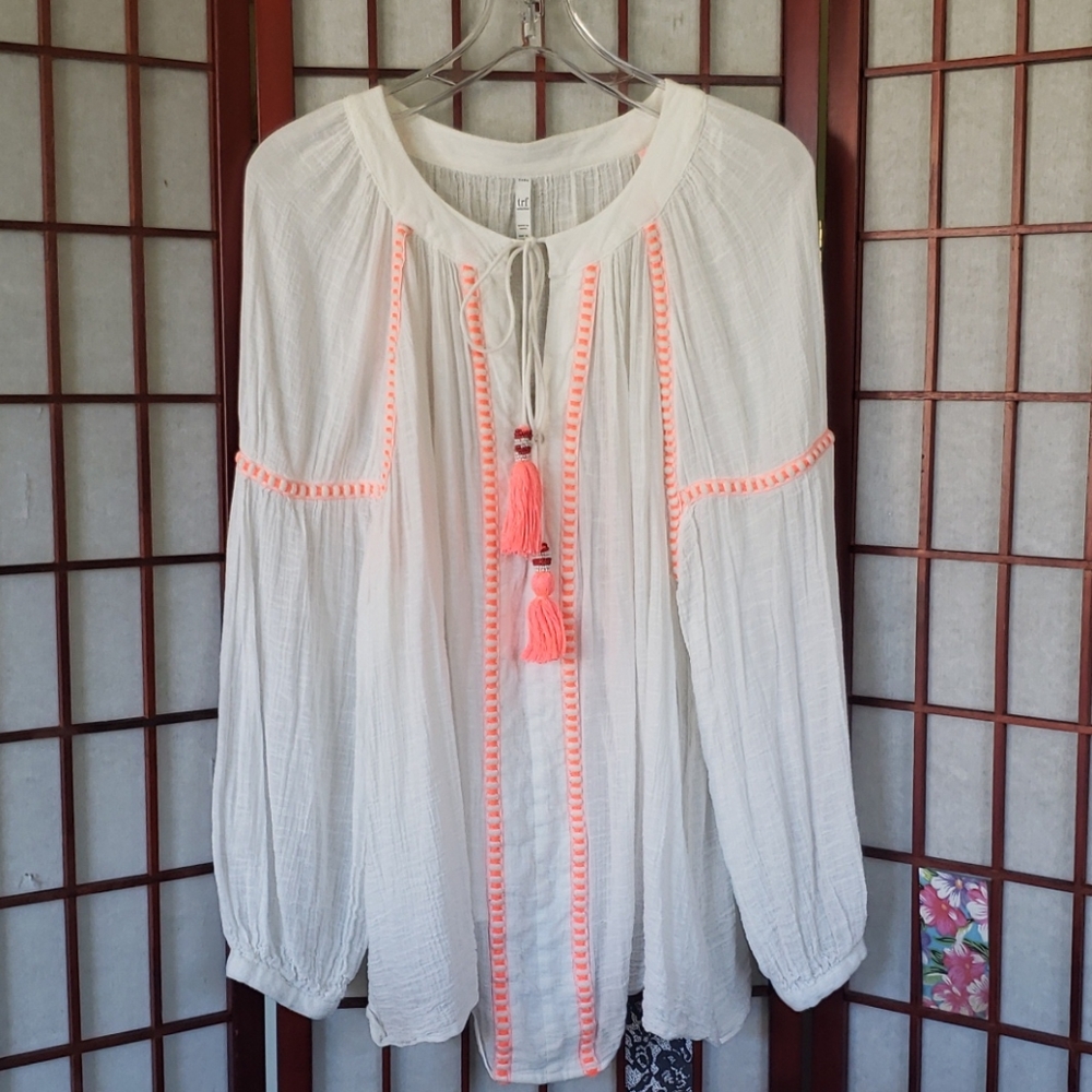 Zara White Boho Top with Pink/Orange Accents